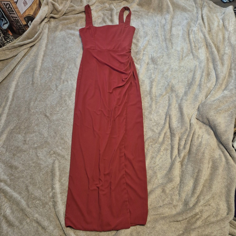 Lulus Rust Red Square Neck Sleeveless Draped Maxi Dress Side Slit Size M